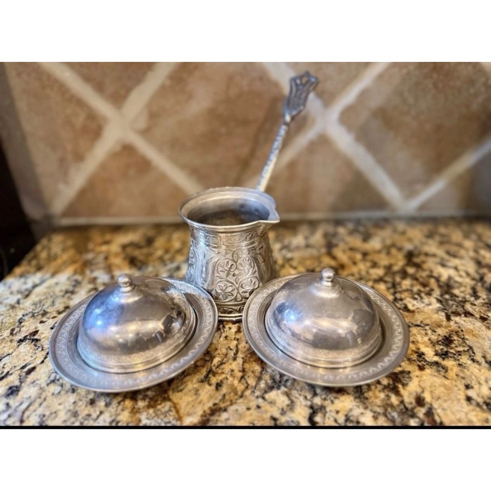 Vintage ERASLAN Turkish Coffee Cezve & 2 Covered Serving Dishes Ottoman Style